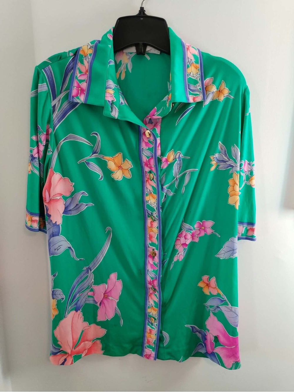 Women’s Vintage Short Sleeve Vibrant Green Floral Shirt - M